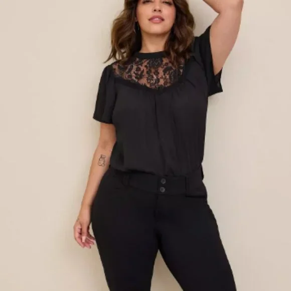 Torrid Georgette With Lace Detail Flutter Sleeve Black Top - Size 2 - Picture 2 of 12